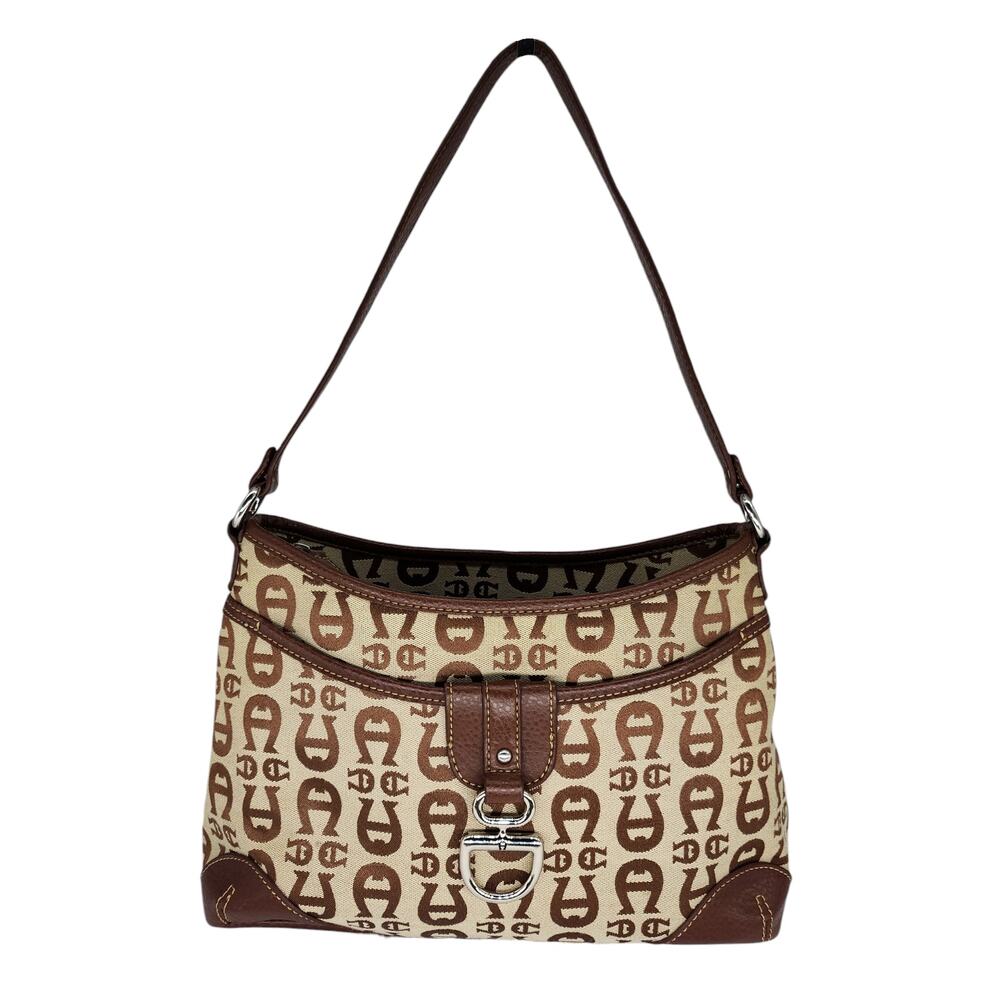 Vintage Etienne Aigner Handbag Purse Brown Canvas Shoulder Hobo Y2k Pockets